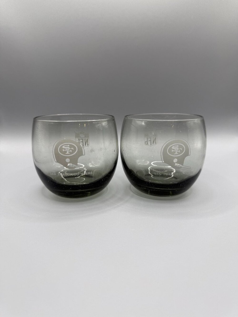 VTG 70s NFL San Francisco 49ers Smoked Roly-Poly Lowball Glass Set/2